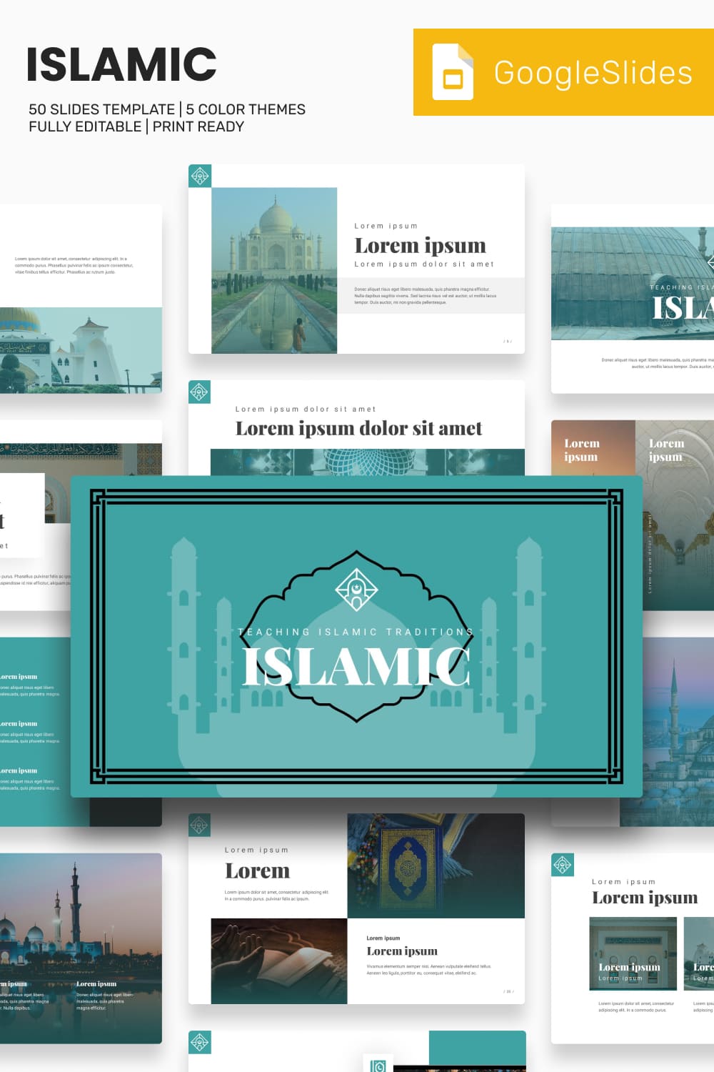 Collage of presentation pages with photos of Islamic mosques.