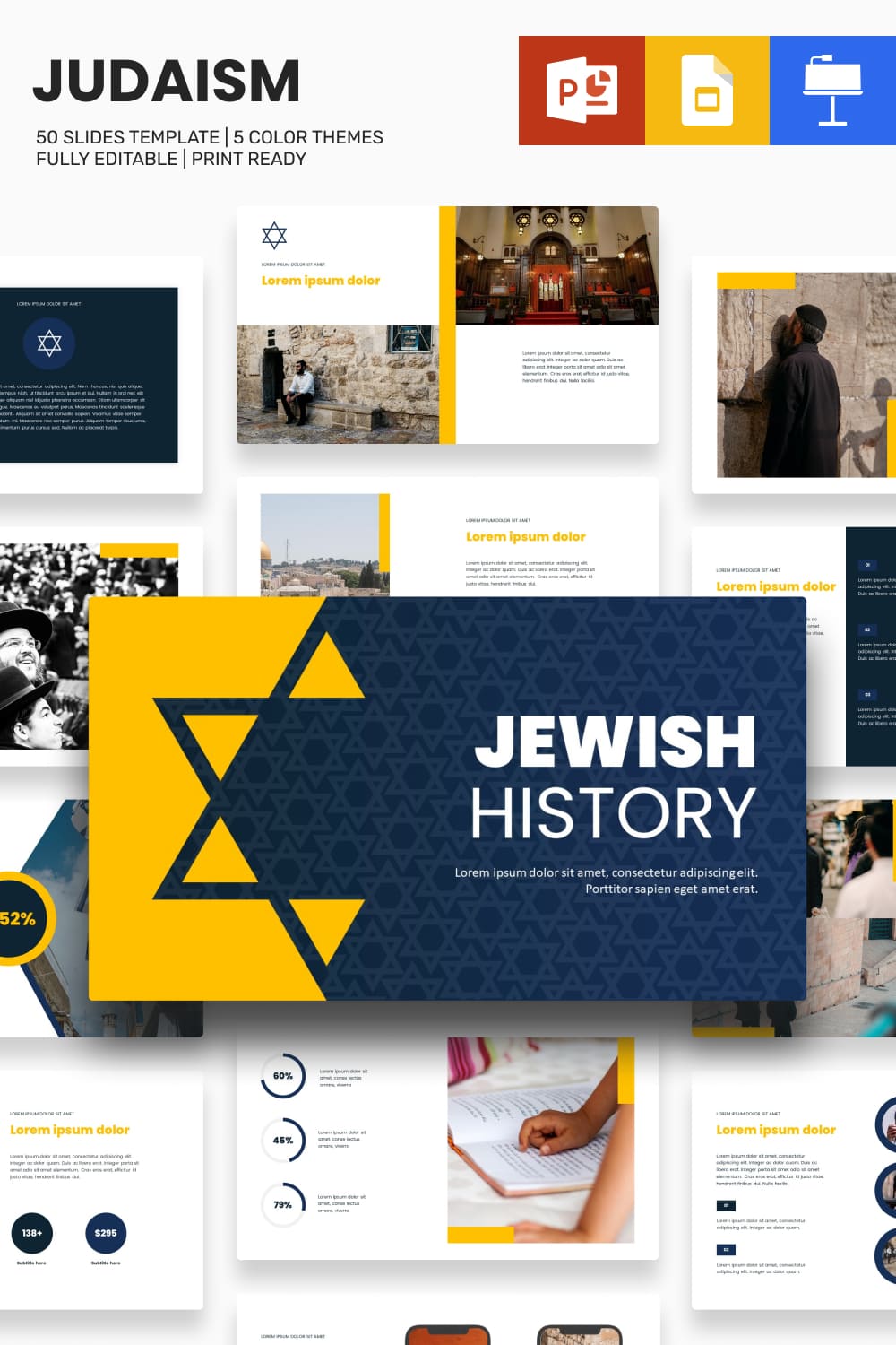 Judaism Presentation Template: 50 Slides PPTX, KEY, Google Slides.