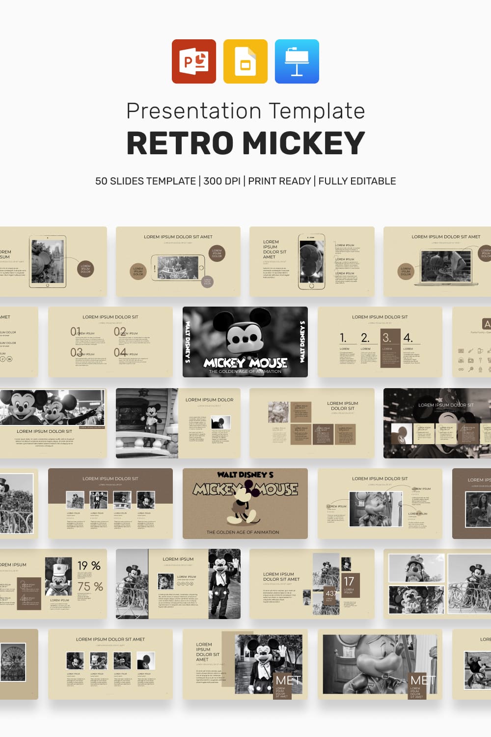 Retro Mickey Disney Presentation: 50 Slides PPTX, KEY, Google Slides.