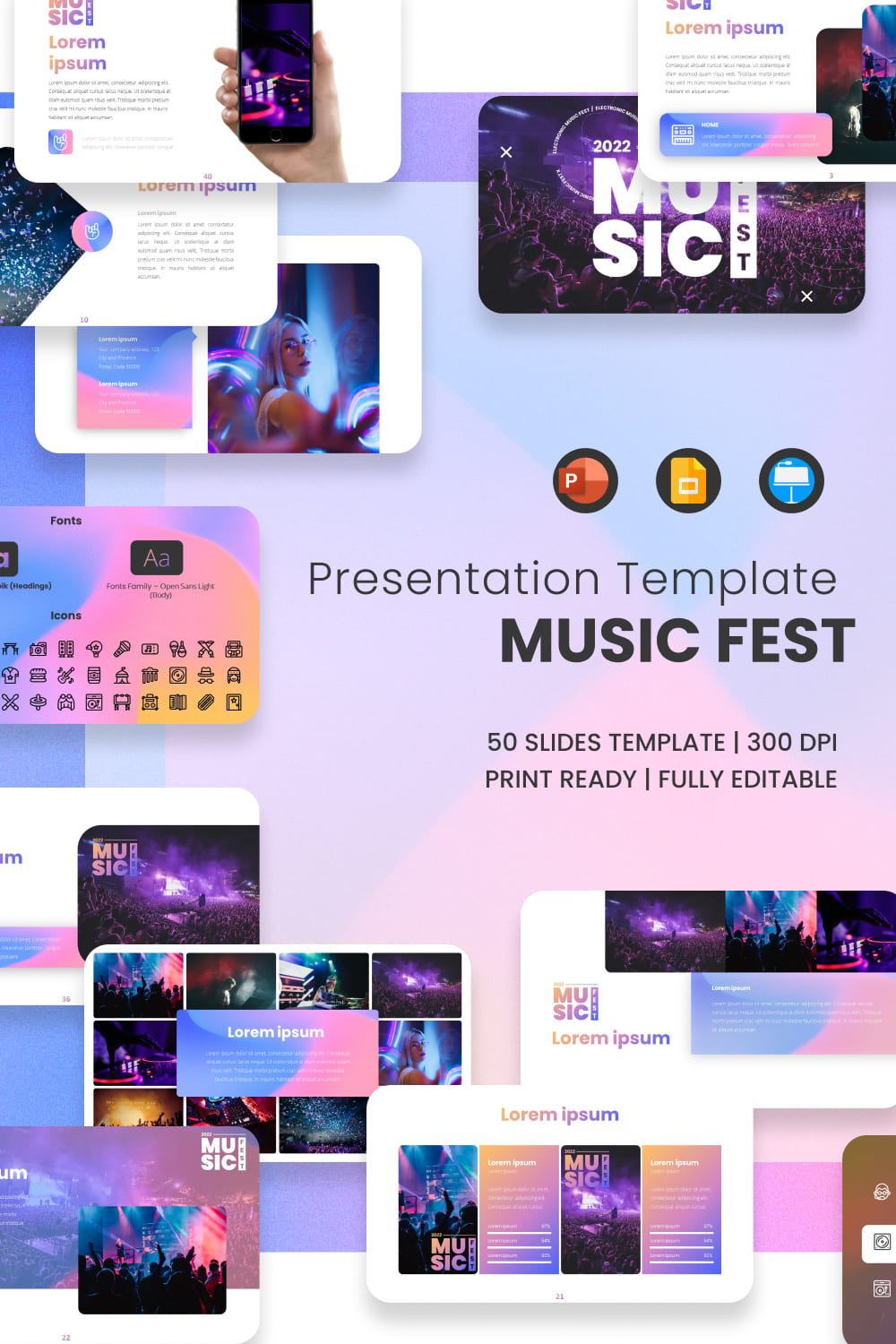 Music Fest Presentation: 50 Slides PPTX, KEY, Google Slides.