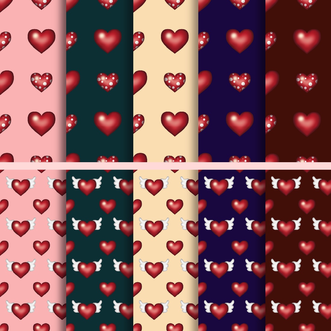 Lovely Colorful Seamless Patterns with Hearts: Valentine's Day.