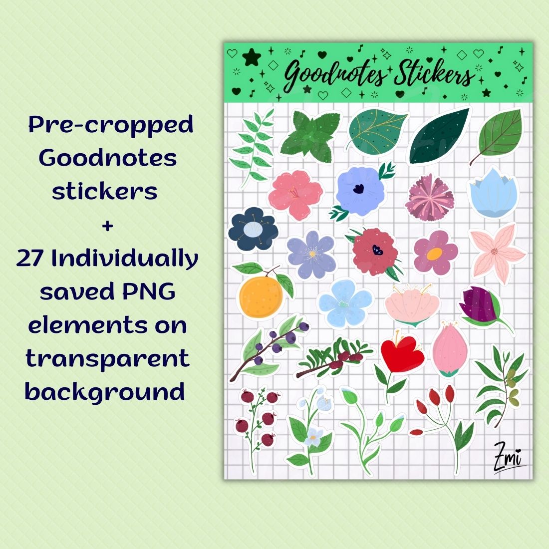 Botanical flowers and plants digital sticker pack preview.
