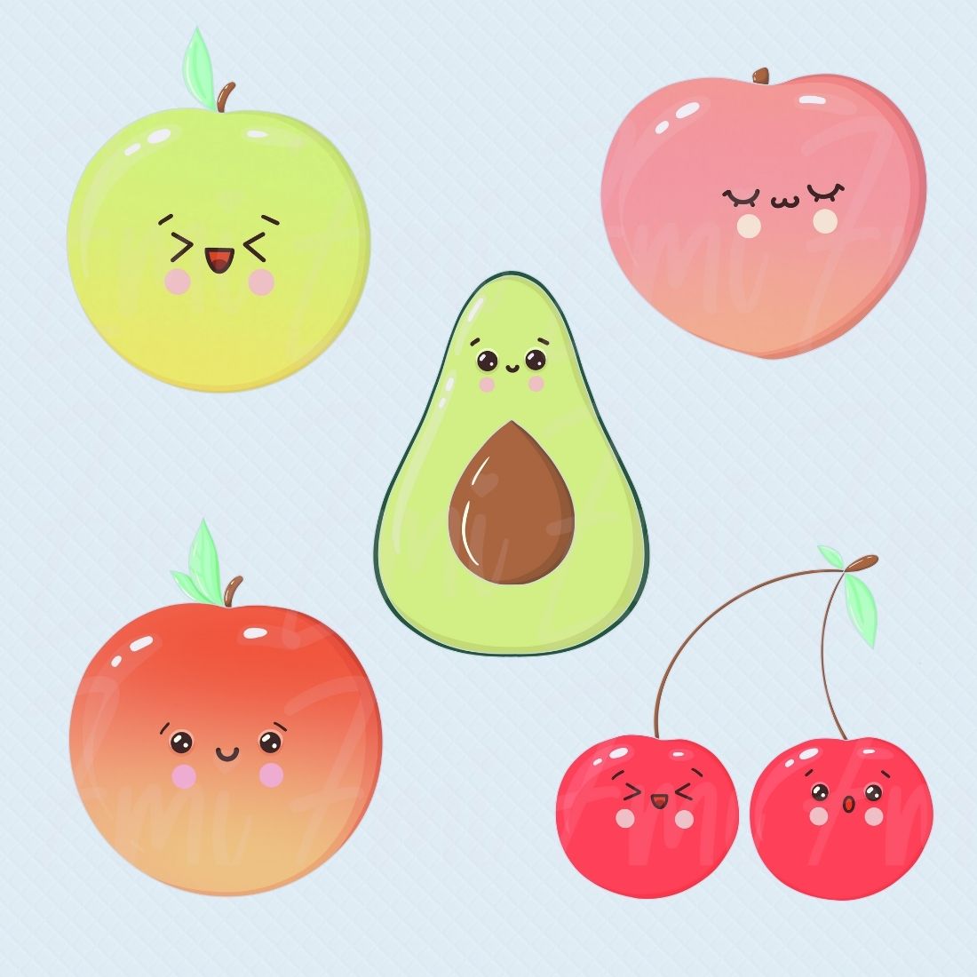 Set of high-quality hand-drawn Kawaii Fruit clipart.