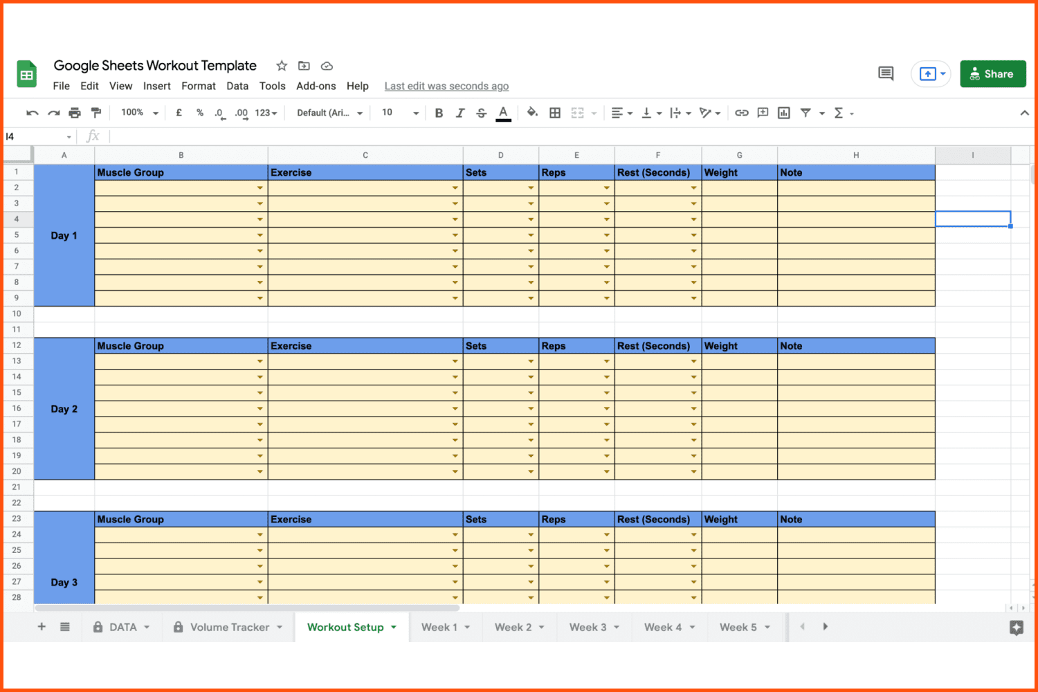 Google Sheets Workout Template by GFitness Online.