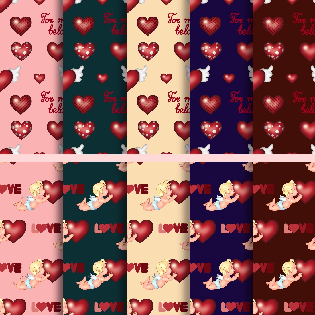 Lovely Colorful Seamless Patterns with Hearts: Valentine's Day.