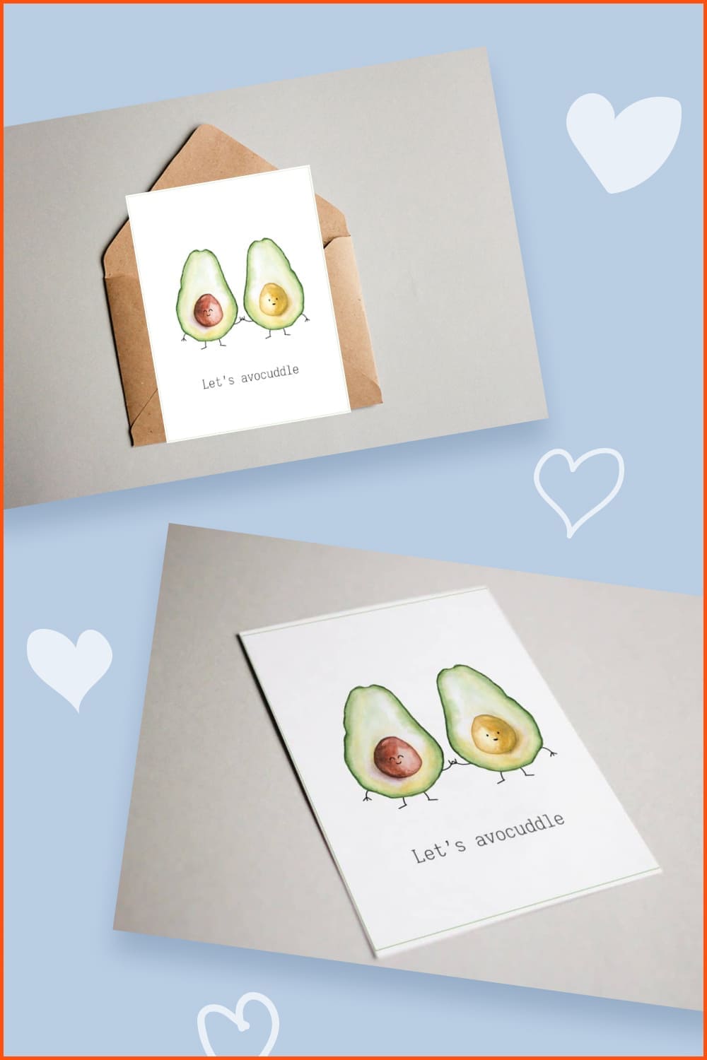 Two cut avocados on a postcard.