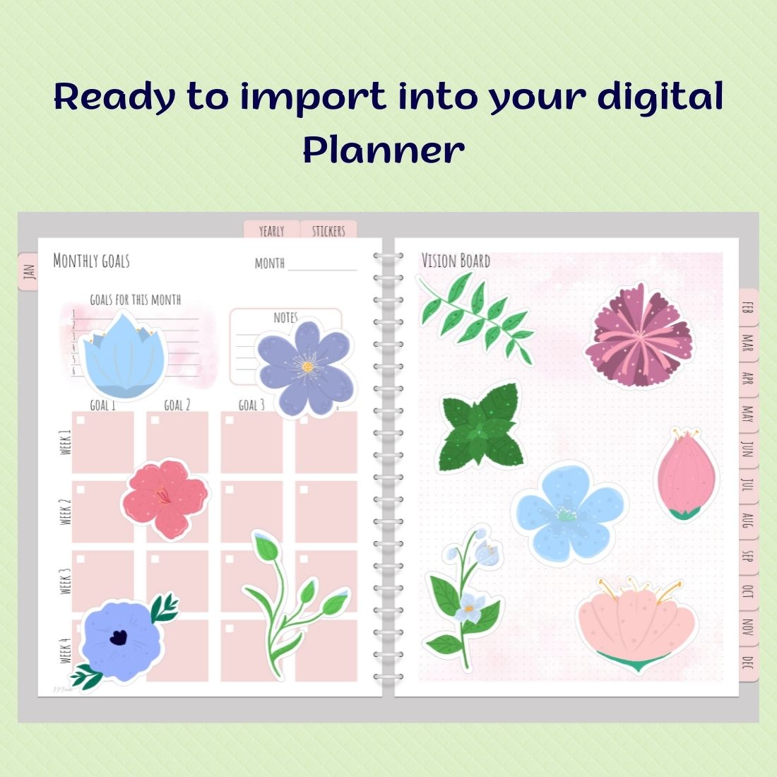 Botanical flowers and plants digital sticker pack.