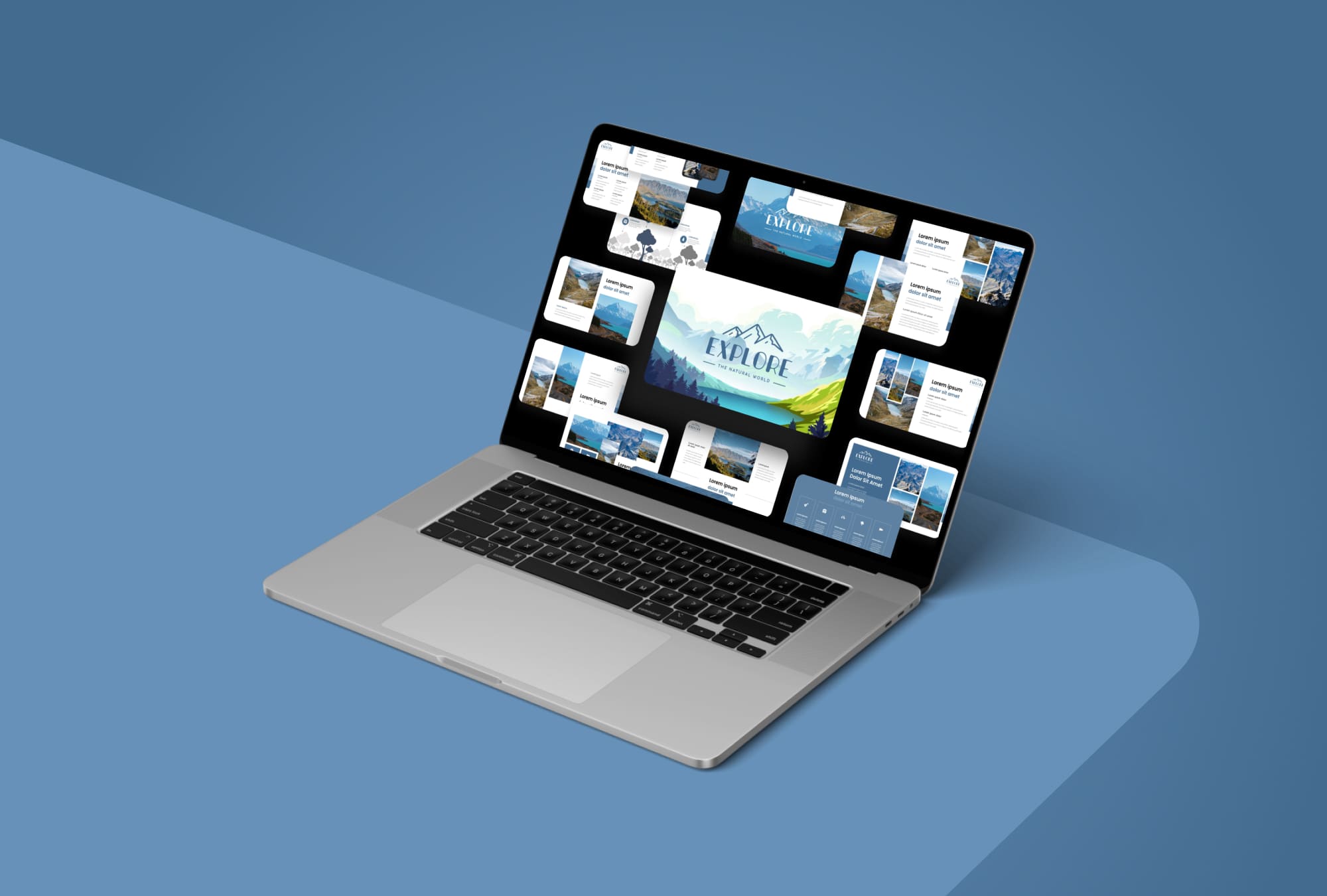 Laptop option of the Explore Travel PowerPoint Template.