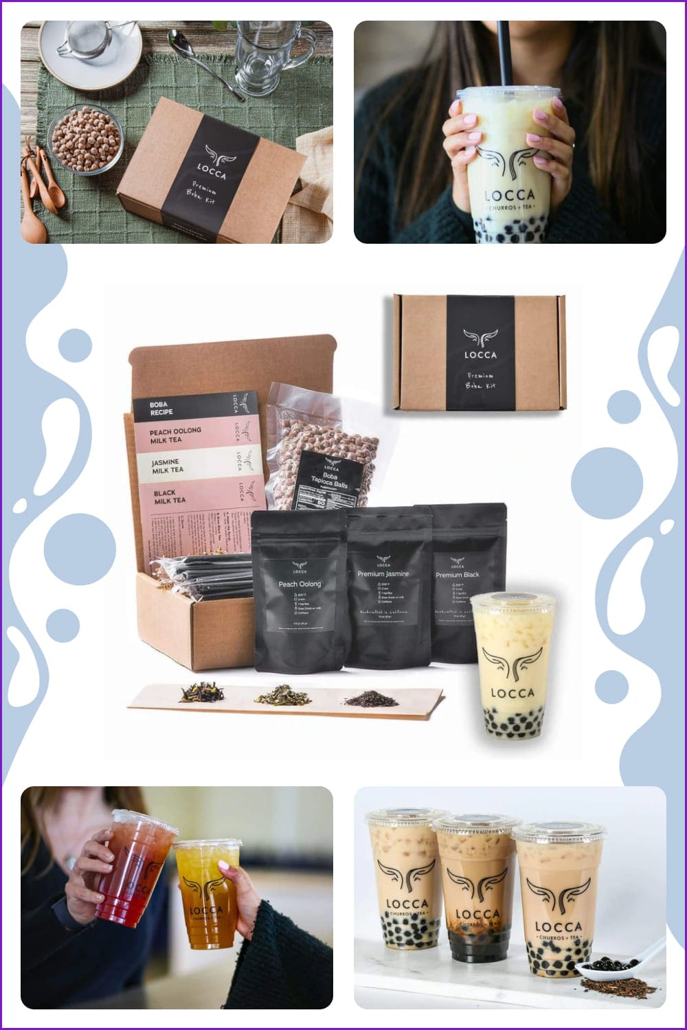 Box with tea packages and with mugs.