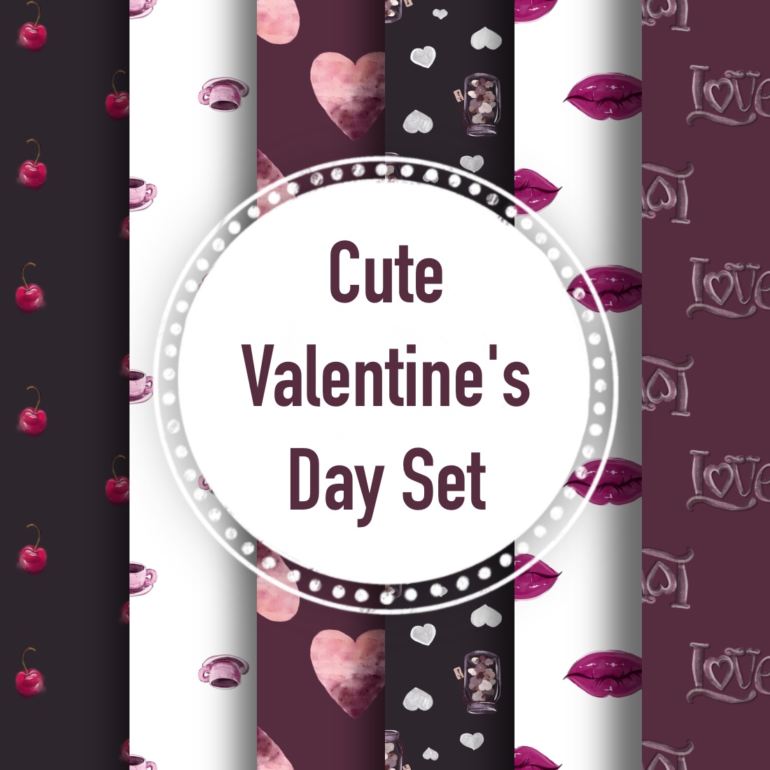 Cute Valentine’s Day Set with seamless pattern, elements cover.