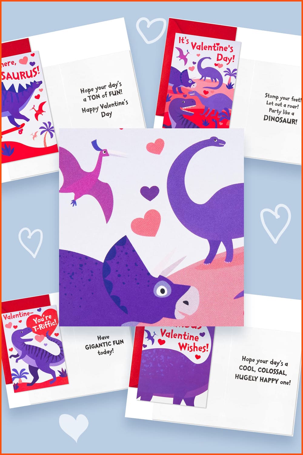 Purple abstract painted dinosaurs with hearts.