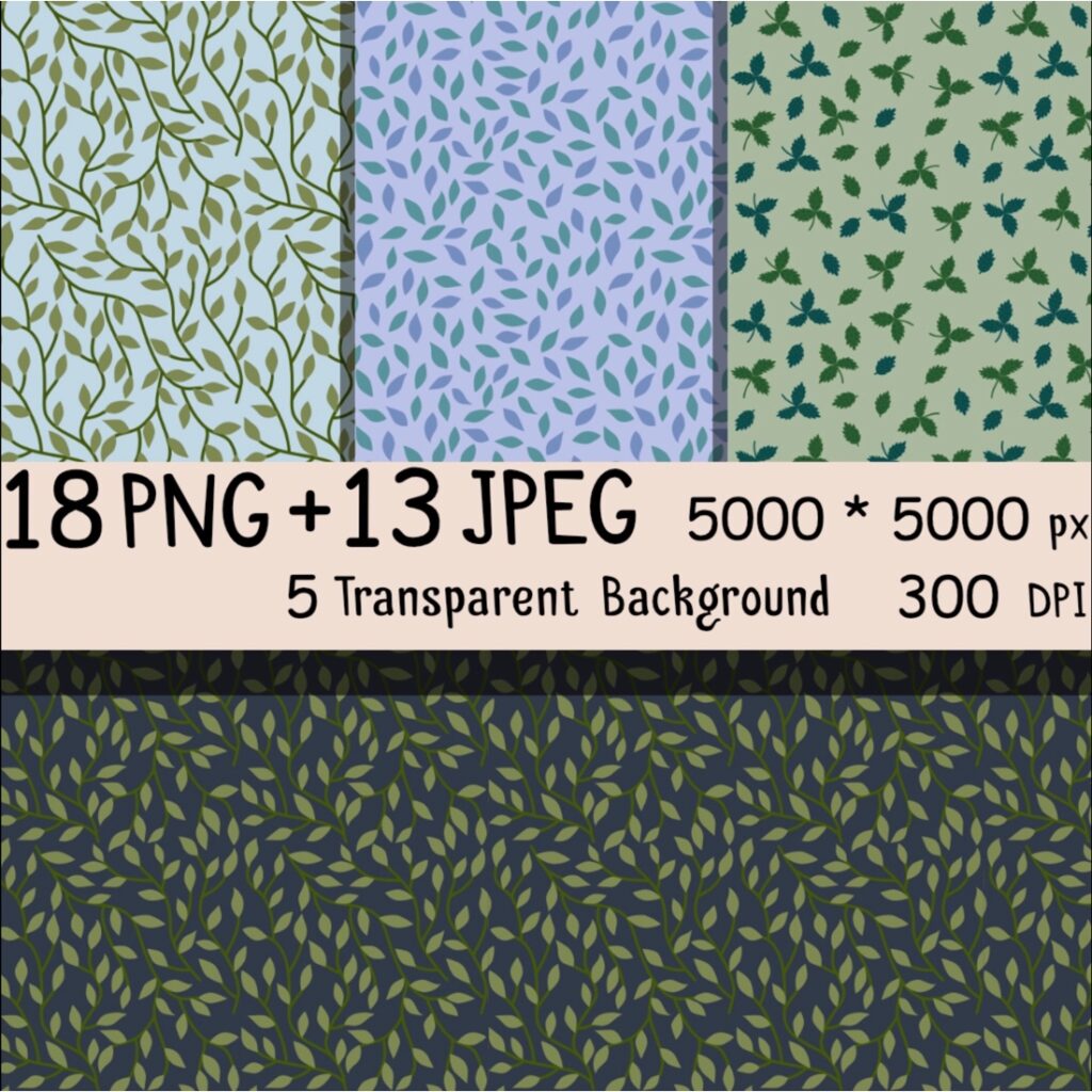 5 Hand Drawn Seamless Leaves Repeat Patterns - MasterBundles