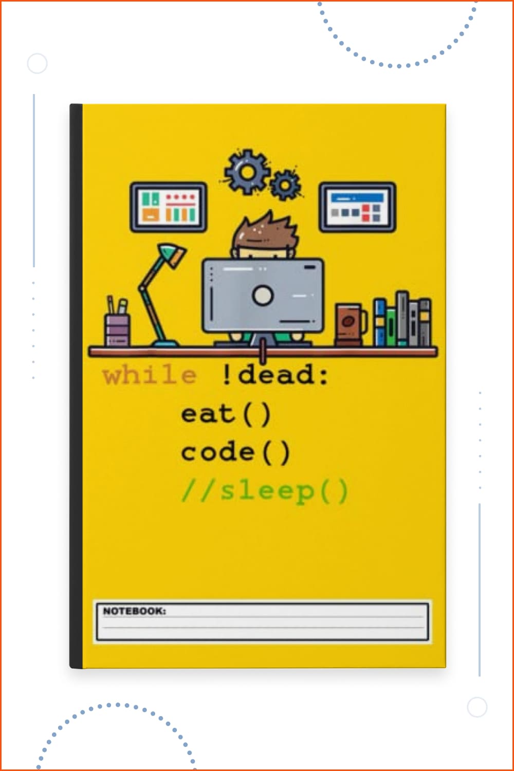 Cover of notebook with programmer on it.