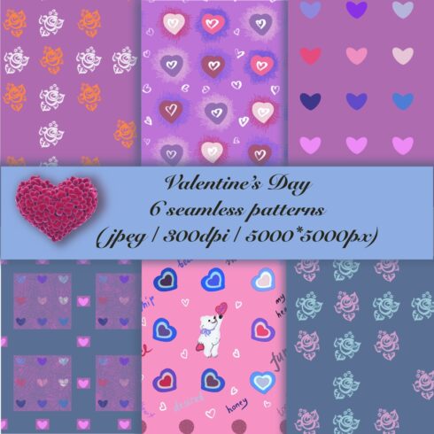 3 Seamless Colorful Patterns with Hearts: Valentines Day