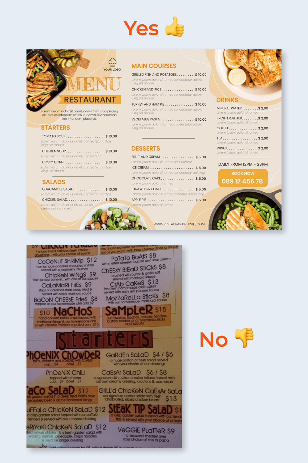 Menu with good design and bad design.