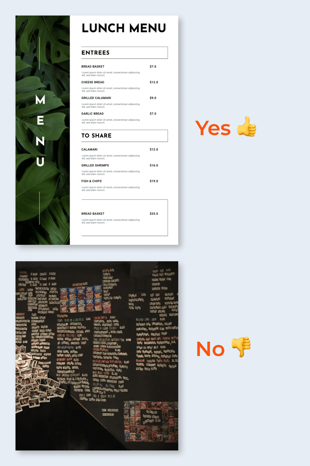 Menu with good fonts and non-readable black menu.