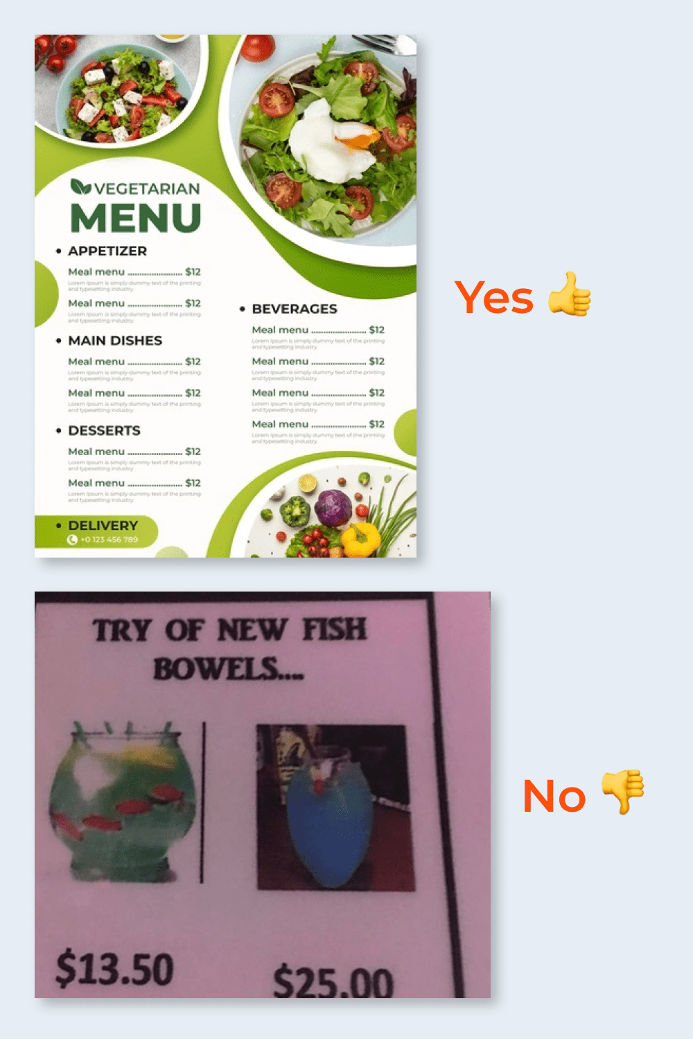 Menu with dishes and grey not readable menu.