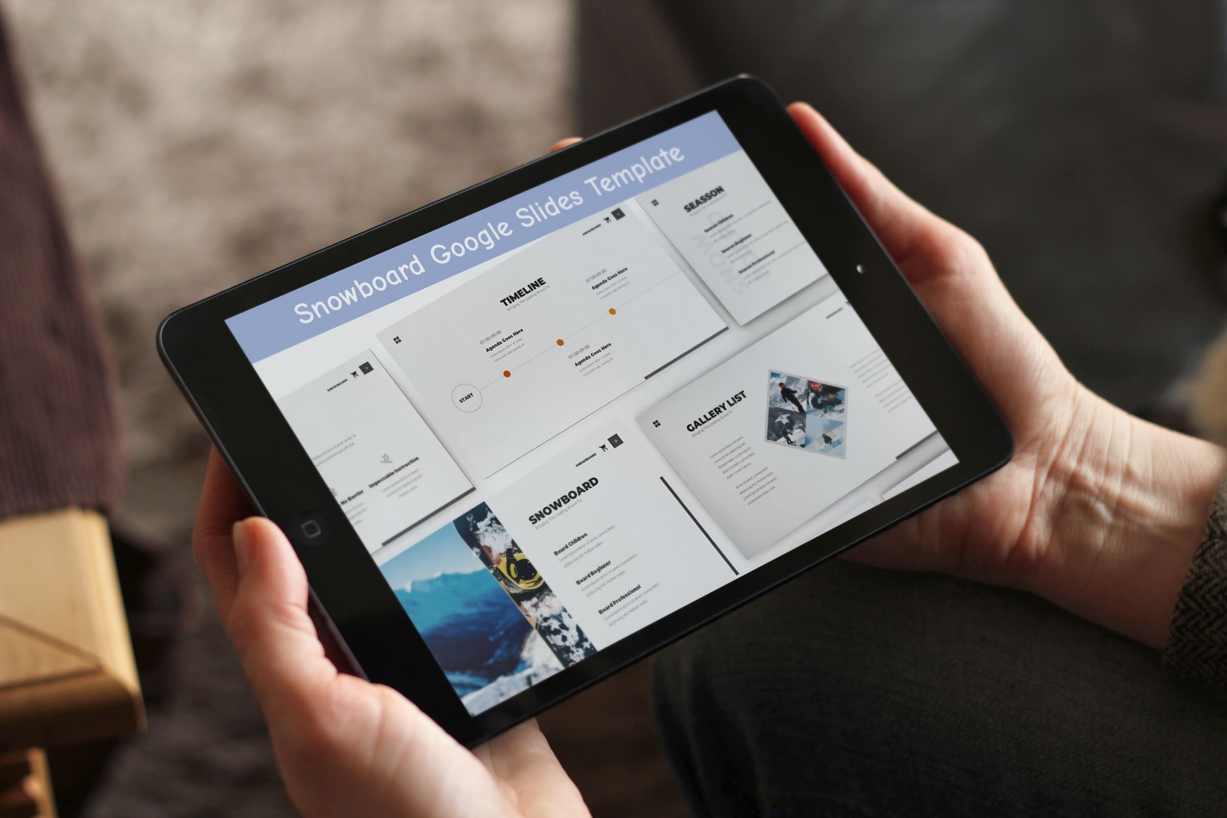 Snowboard Google Slides Template - Mockup on Tablet.