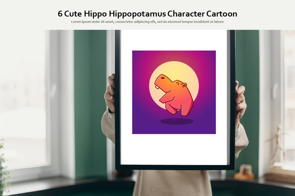 Preview of Colorful Hippopotamus Cartoon Character - Mockup on Photo Frame.