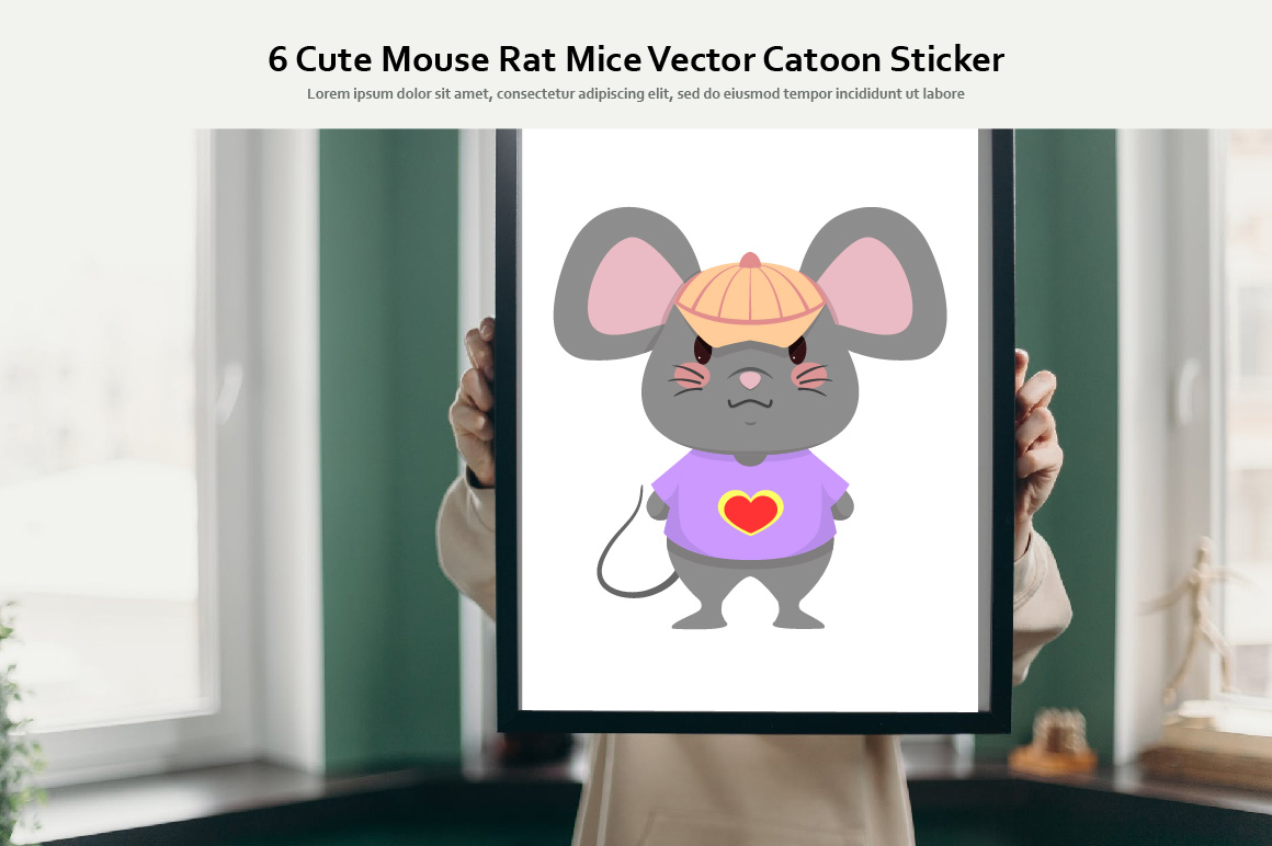 Preview of Cute Mice Vector Cartoon Sticker - Mockup on Photo Frame.
