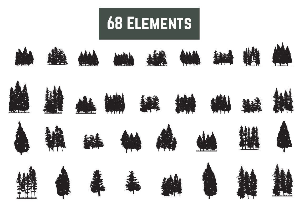 Pine Coniferous Fir Tree Silhouette Set elements.