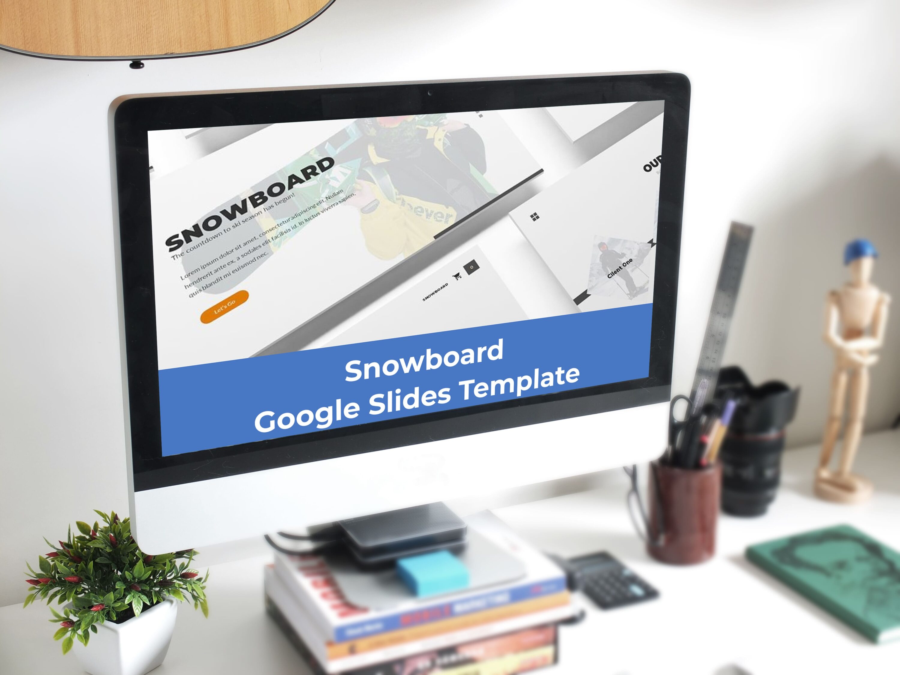 Snowboard Google Slides Template - Mockup on Desktop.