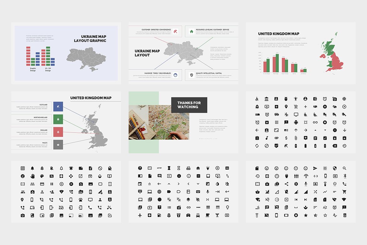 Template includes icons for maps.