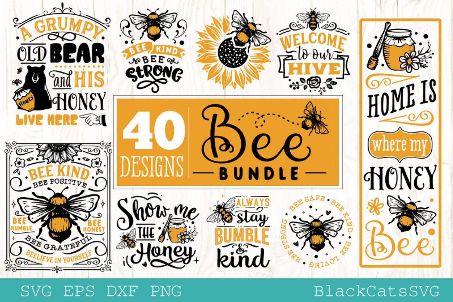 Bee Bundle SVG in black and yellow colors.