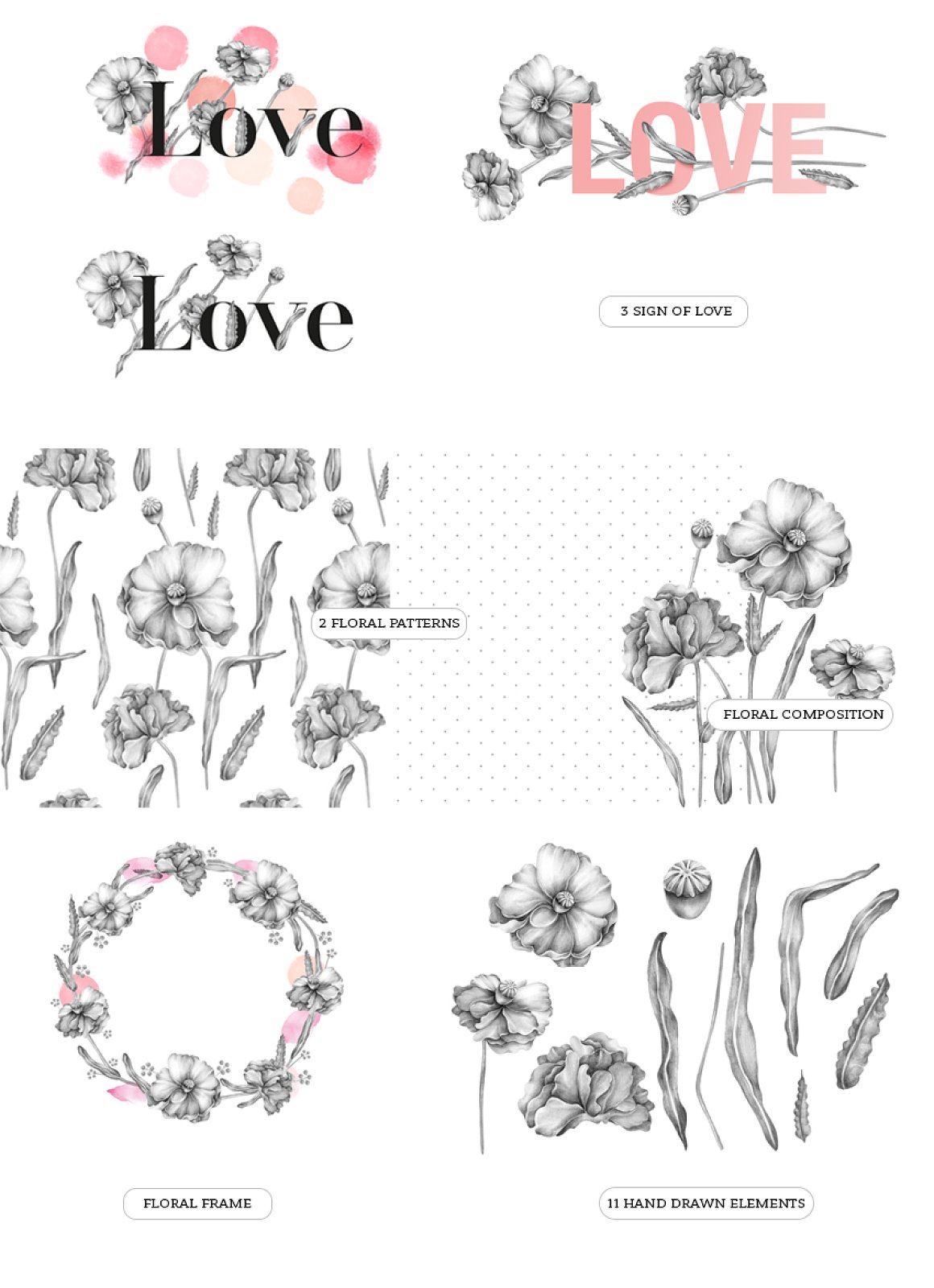Diverse of floral illustrations.