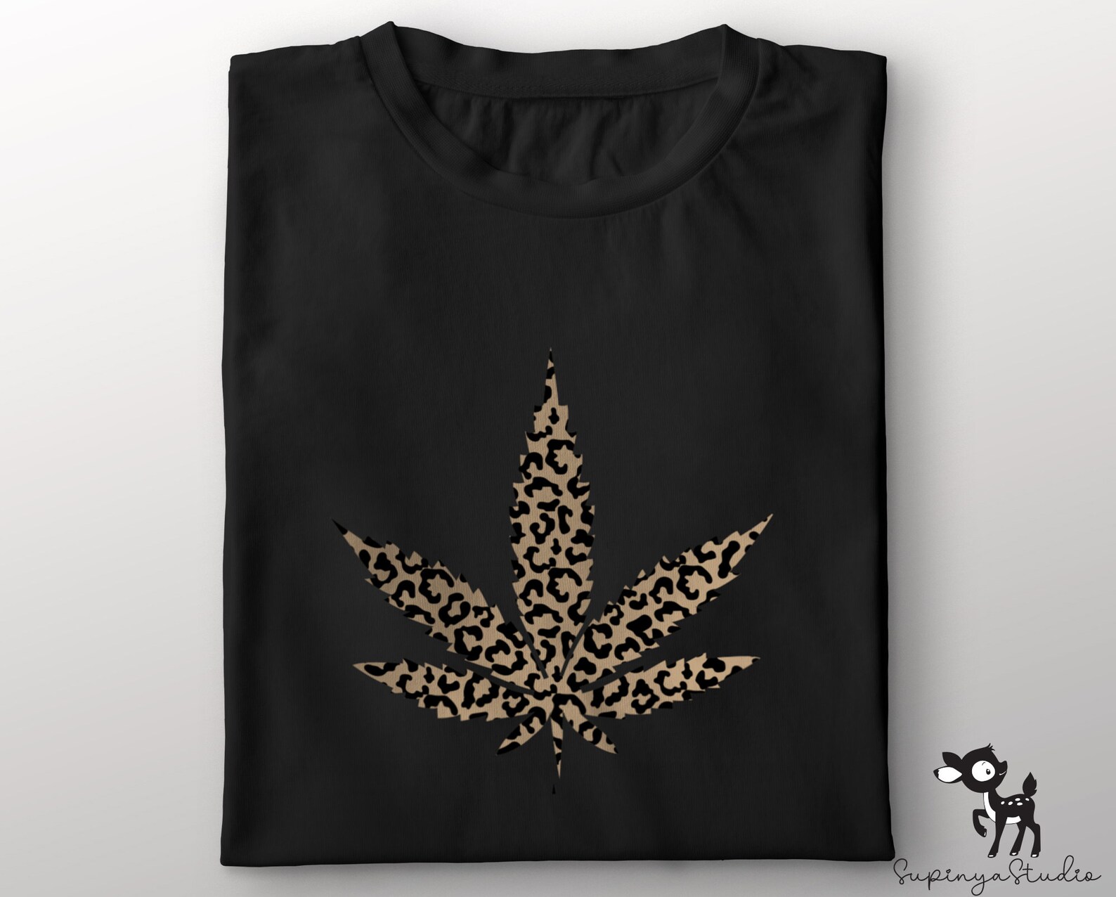 Black t-shirt with leopard weed.