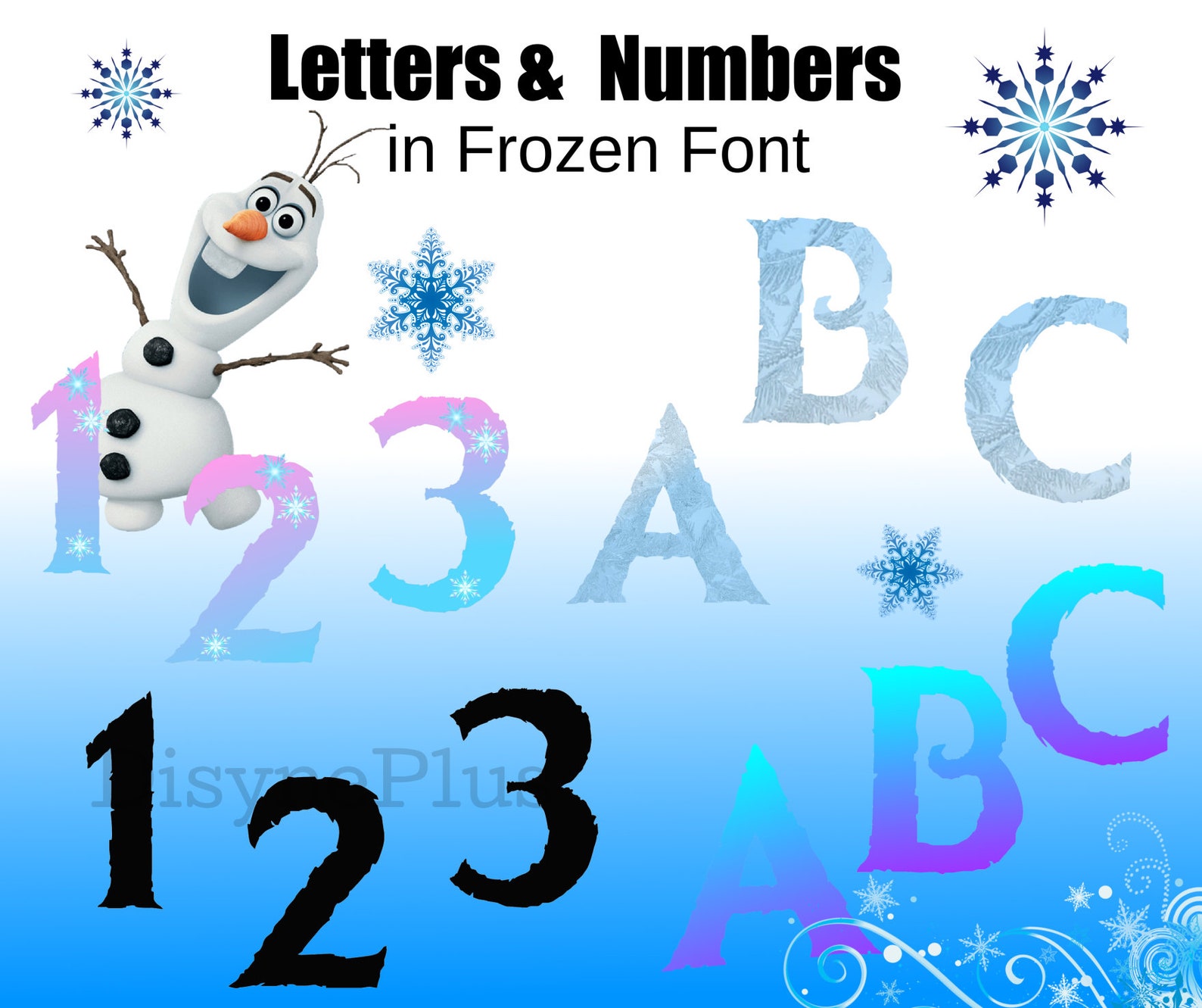 Letters and numbers in frozen font.