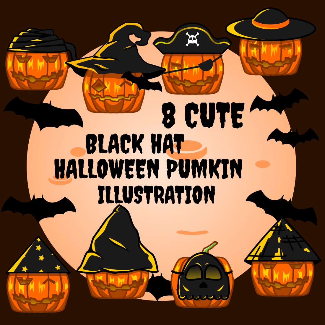 cute black hat halloween pumkin illustration.