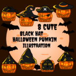 8 cute black hat halloween pumkin illustration - only $5