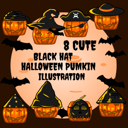 8 cute black hat halloween pumkin illustration - only $5