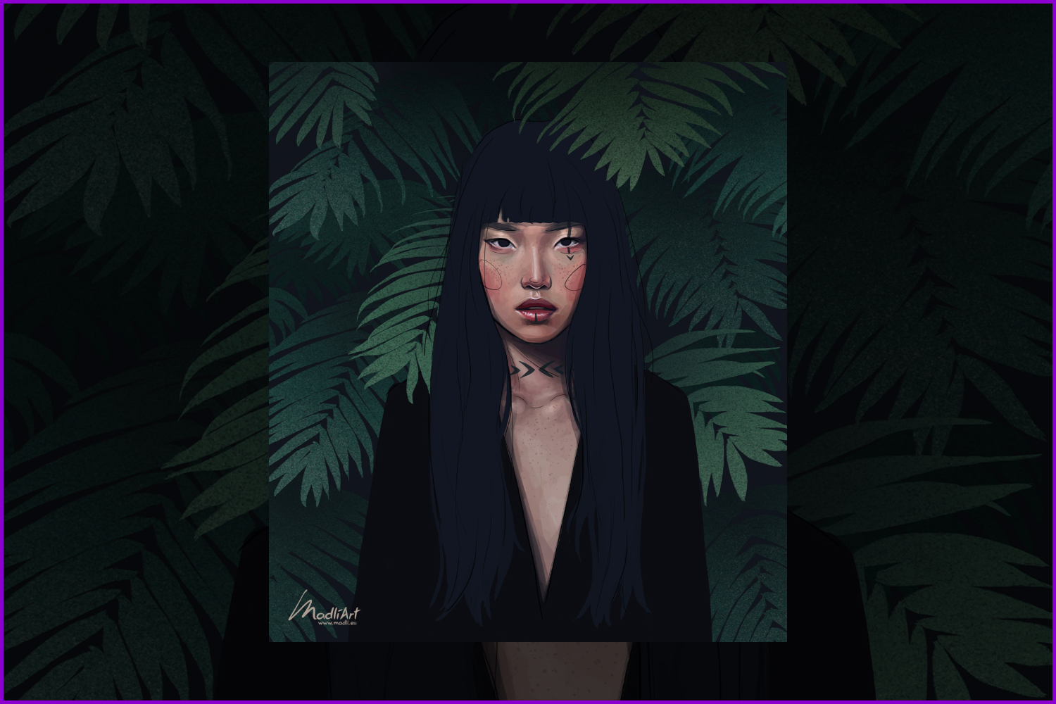 Asian girl with long hair on a background of ferns.