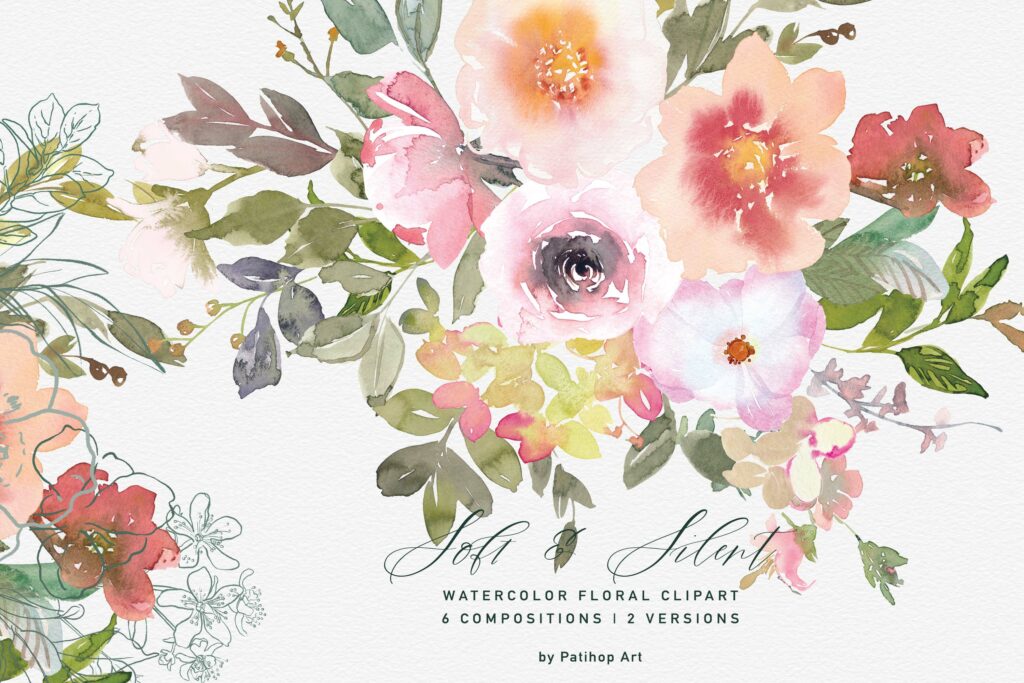 Watercolor Soft Flowers Clipart with | without Doodles - MasterBundles