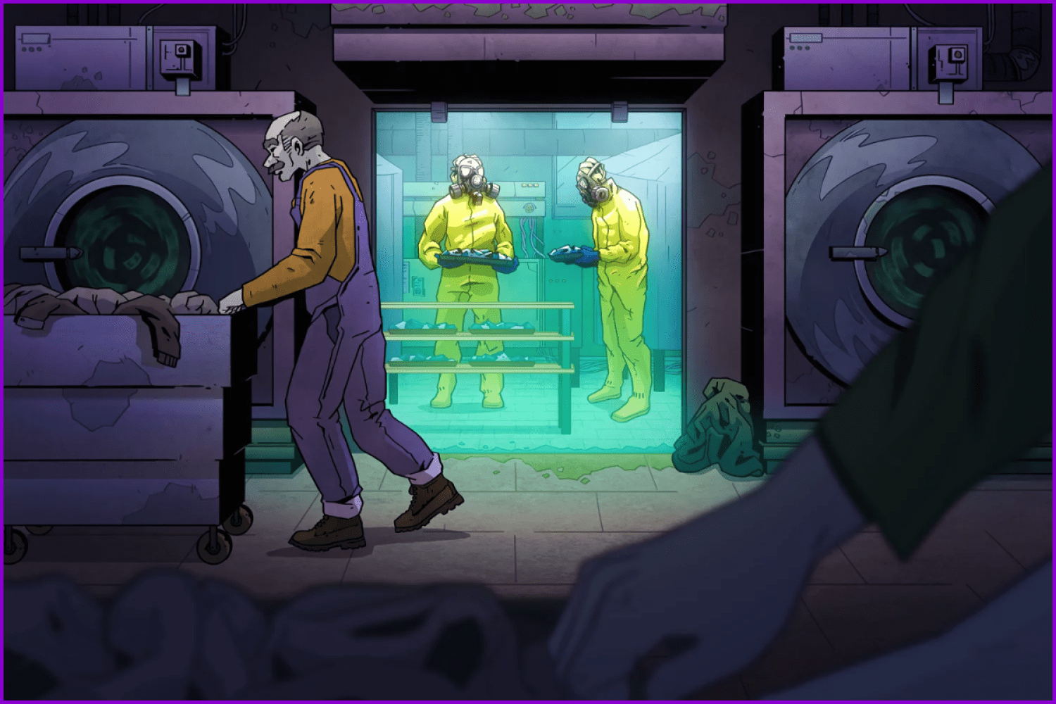Workers in lockedroom in violet tones.