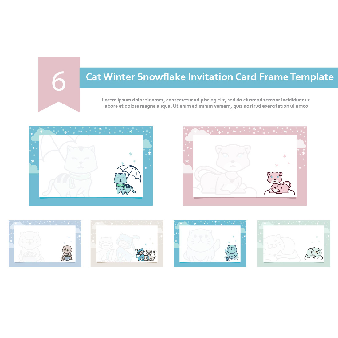 6 Cat Winter Snowflake Invitation Card Frame Template cover image.