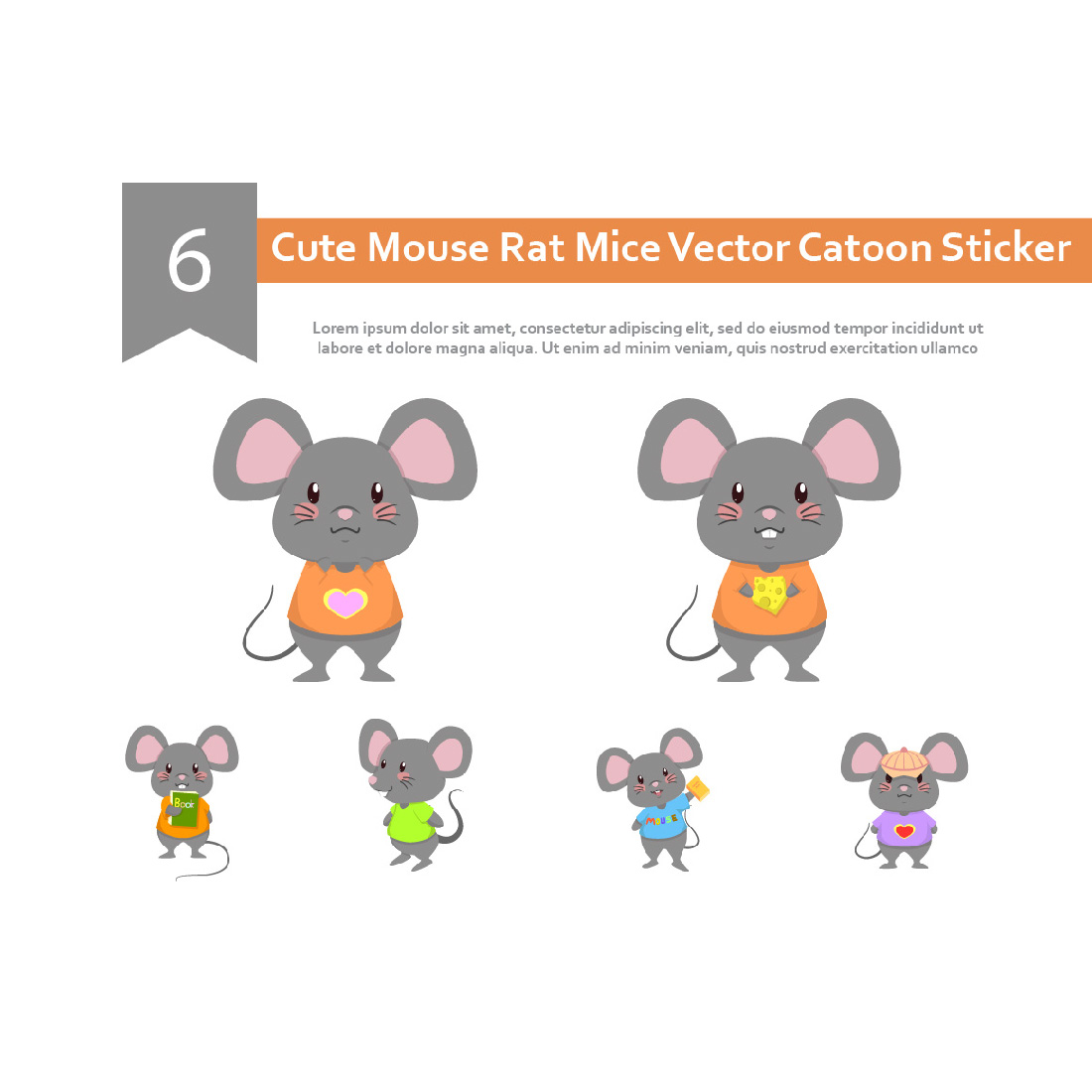 Different Variations of Cute Mouse Vector Cartoon Sticker.