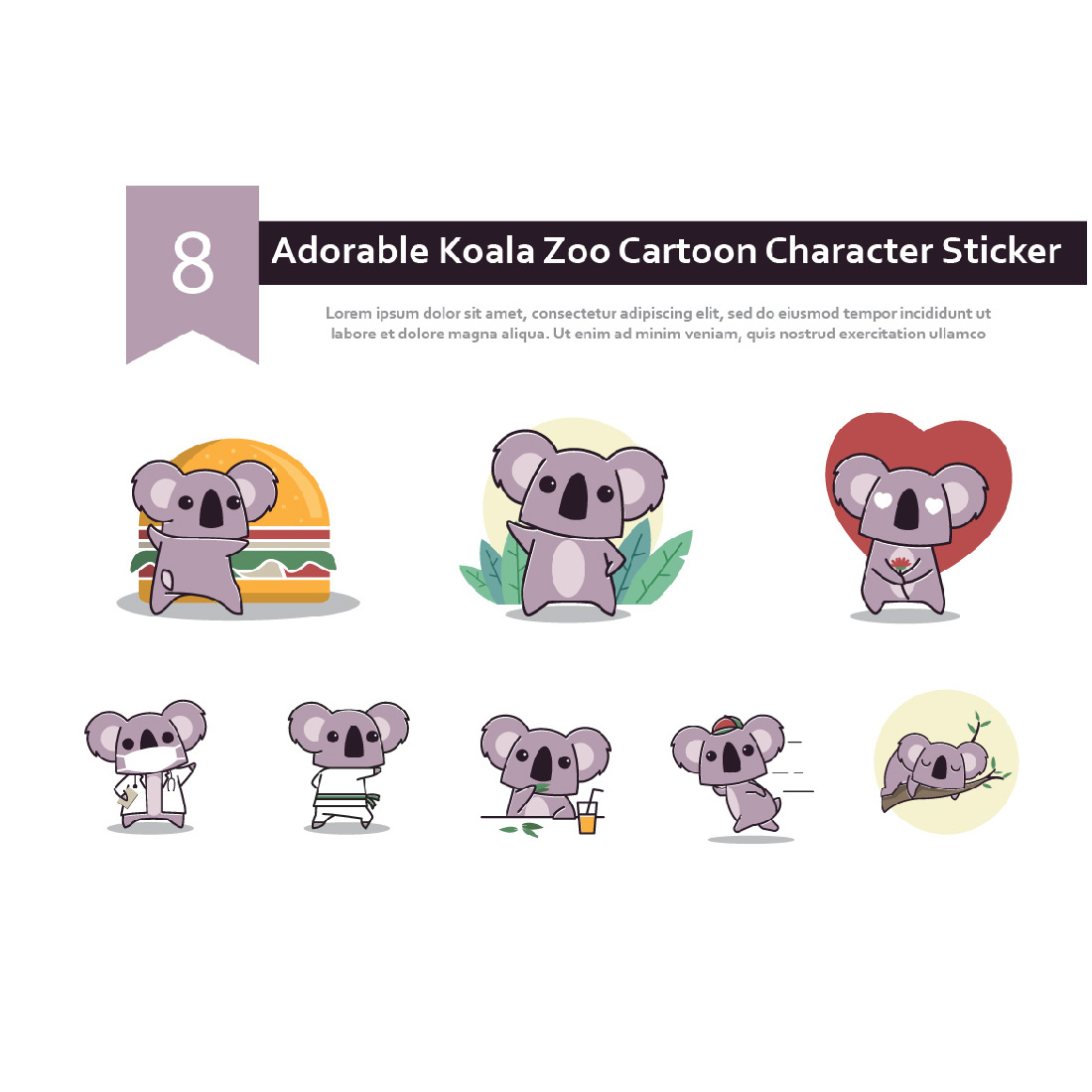 8 Adorable Koala Zoo Cartoon Character Sticker cover image.