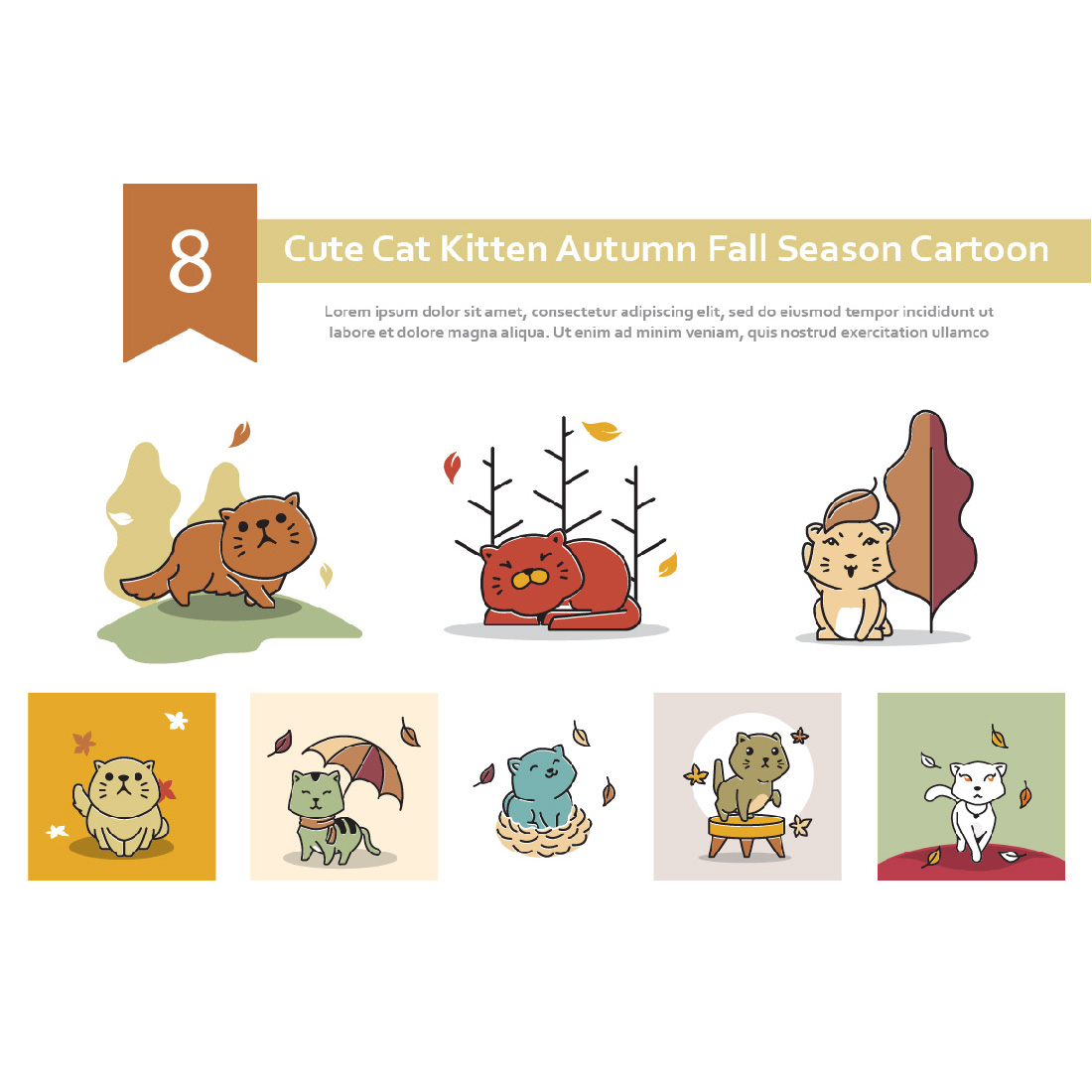 8 Cute Cat Kitten Autumn Fall Season Cartoon cover image.