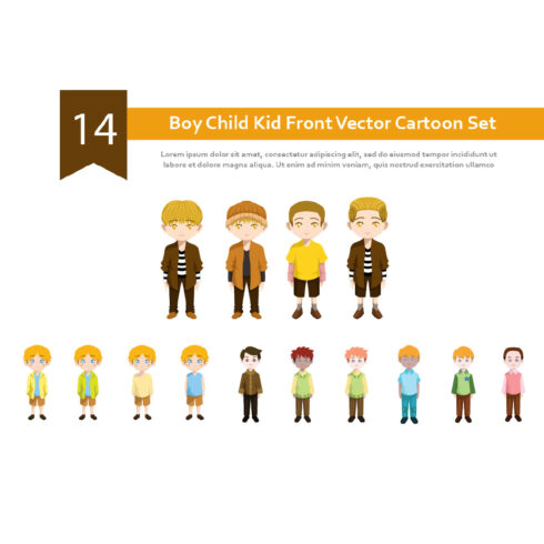 14 Boy Child Kid Front Vector Cartoon Set cover image.