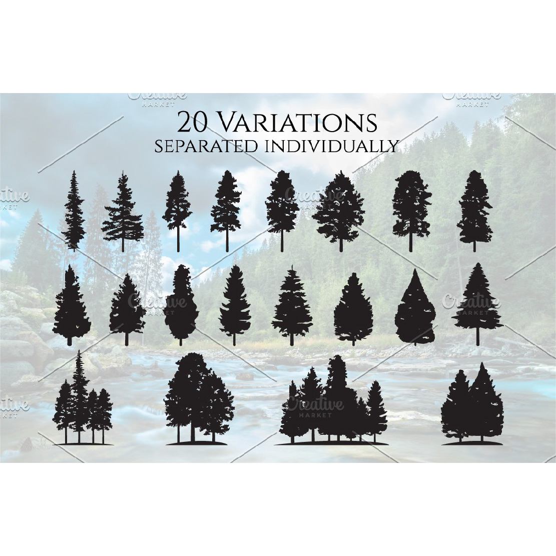 Coniferous Pine Fir Tree Silhouette Set cover.