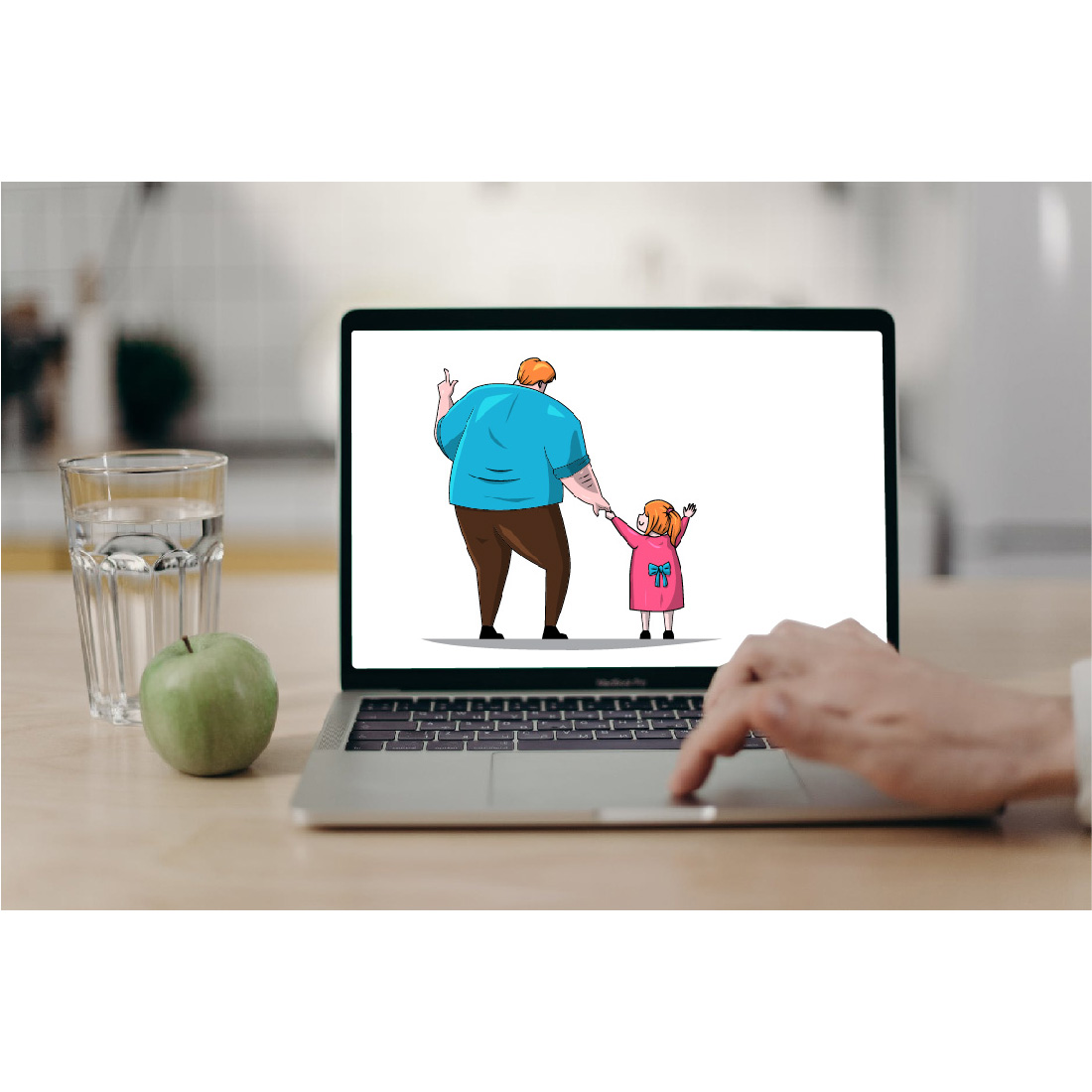 Daddy holding his Daughter's Hand - Mockup on Notebook.