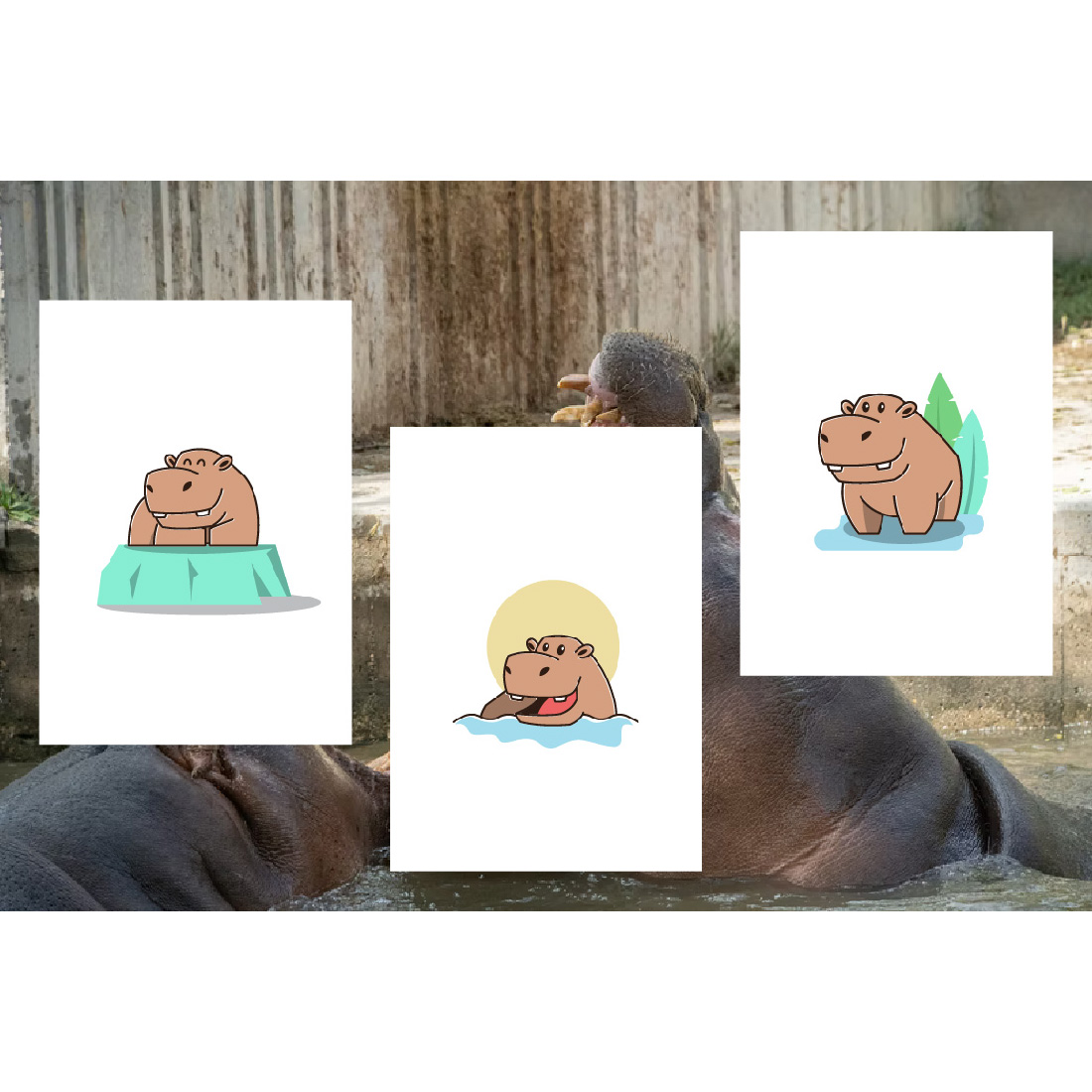 Cute Hippo Cartoon Character with Photo of this Animal on Background.