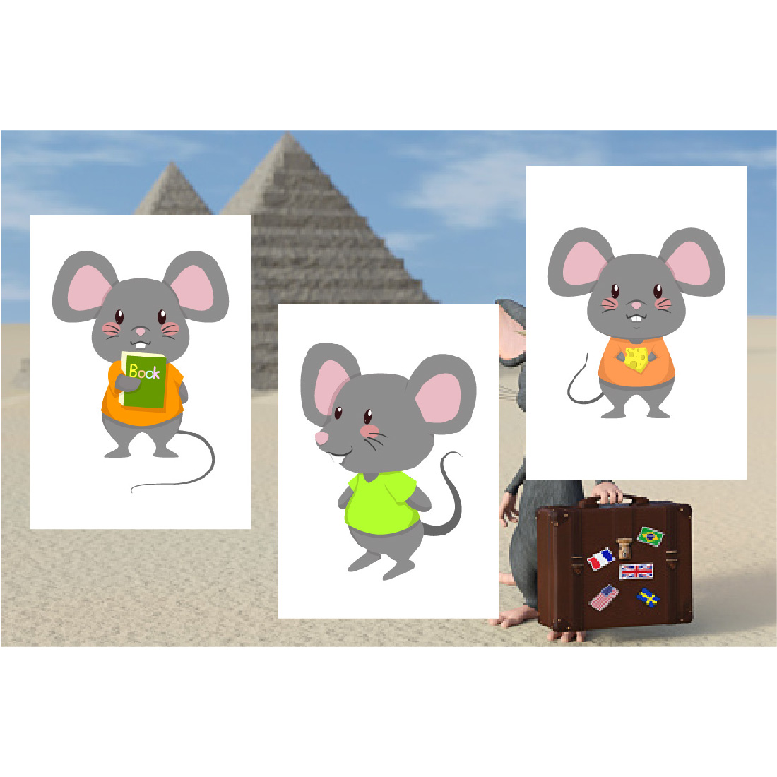Cute Mouse Vector Cartoon Sticker with Photo of the Rat on Background.