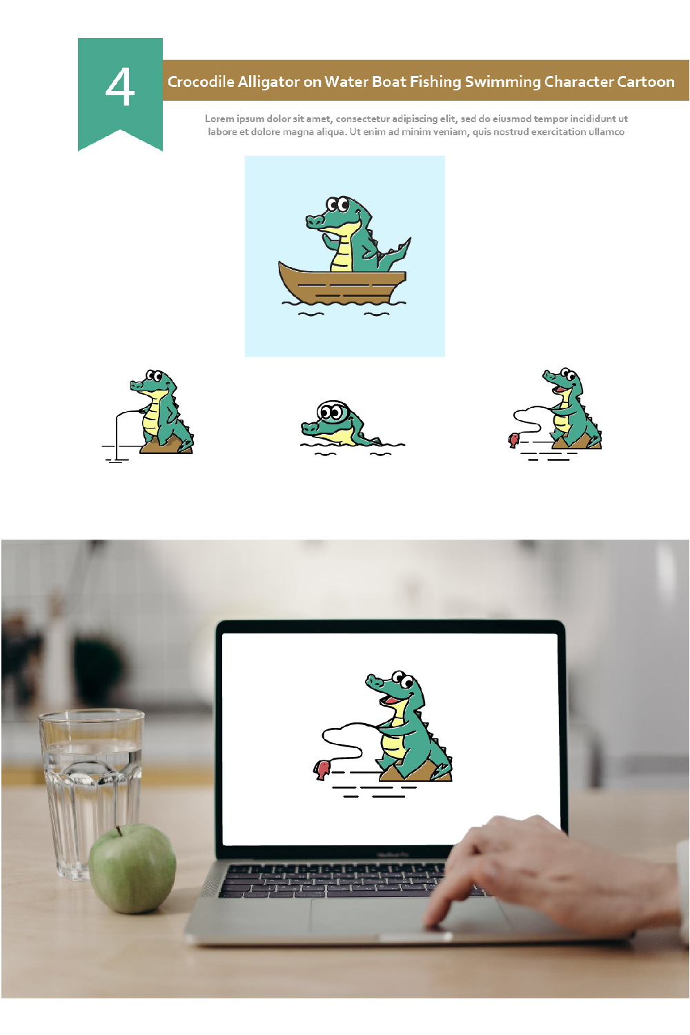Crocodile on Water - Cartoon & Mockup Examples.