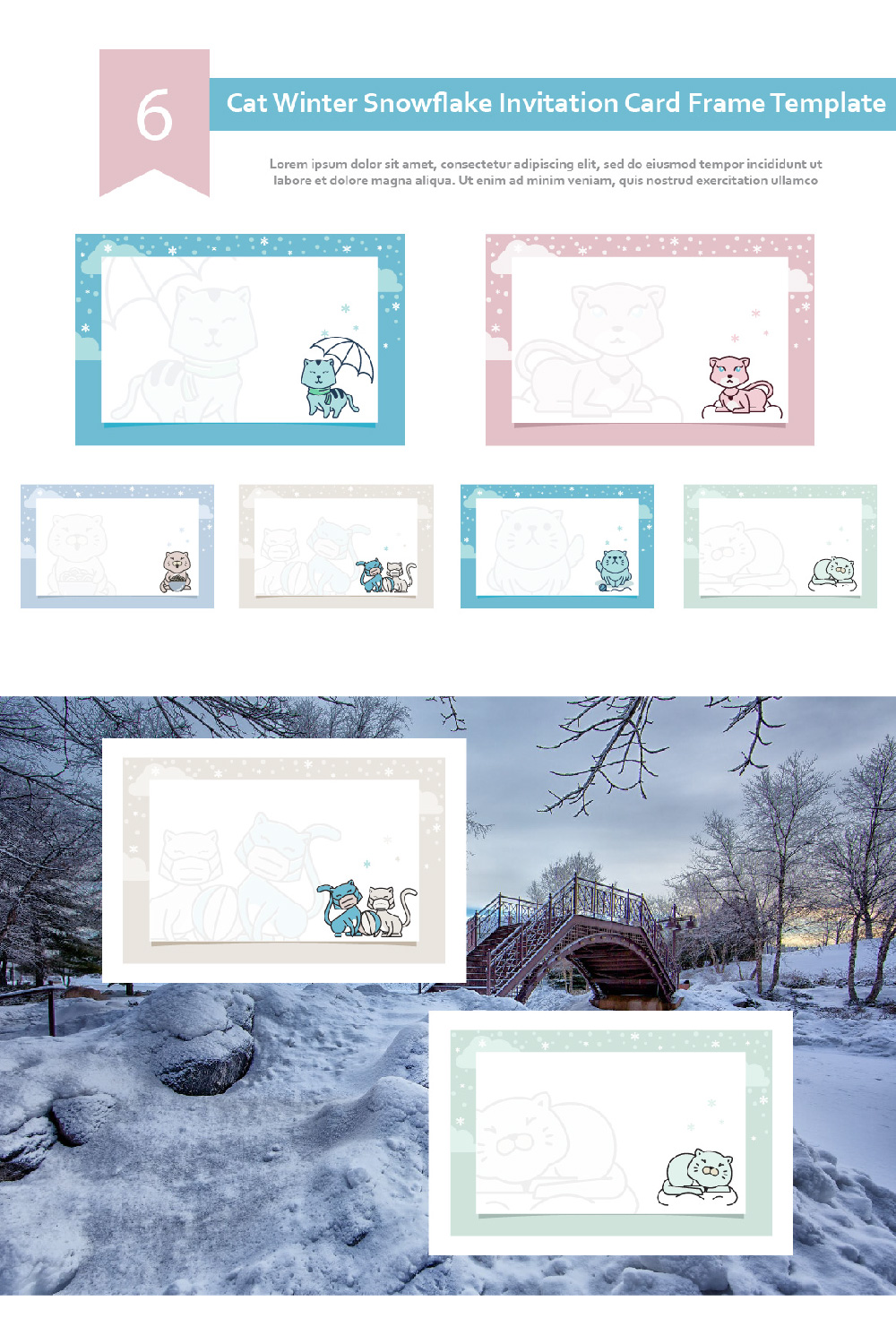 6 Cat Winter Snowflake Invitation Card Frame Template pinterest image.