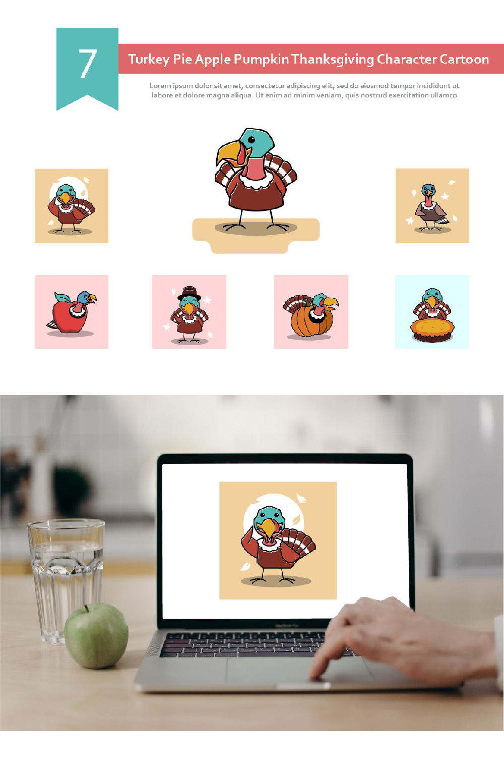 7 Turkey Pie Apple Pumpkin Thanksgiving Character Cartoon pinterest image.