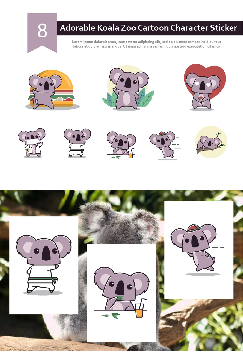 8 Adorable Koala Zoo Cartoon Character Sticker pinterest image.